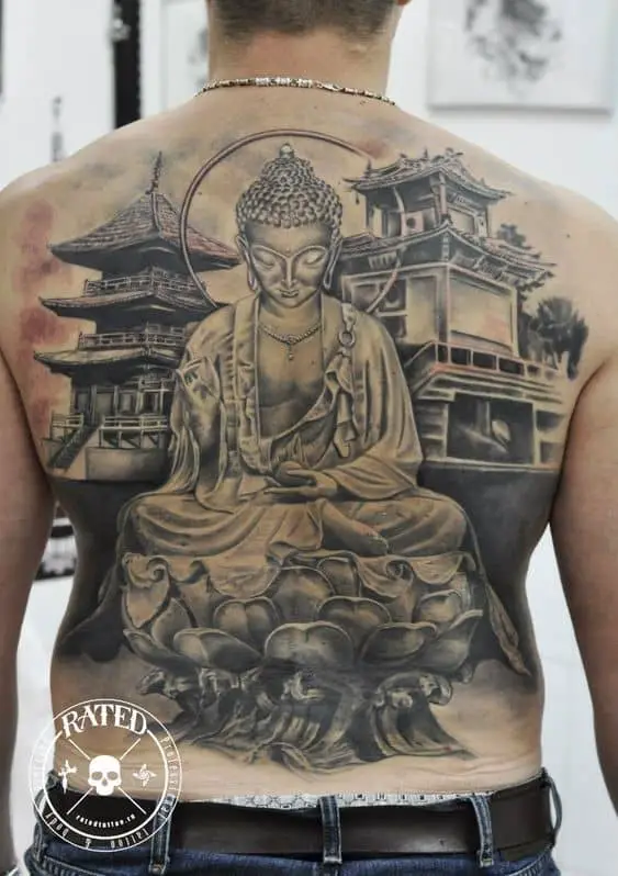 Detailed And Gorgeous Large Back Tattoo With Buddha Symbols