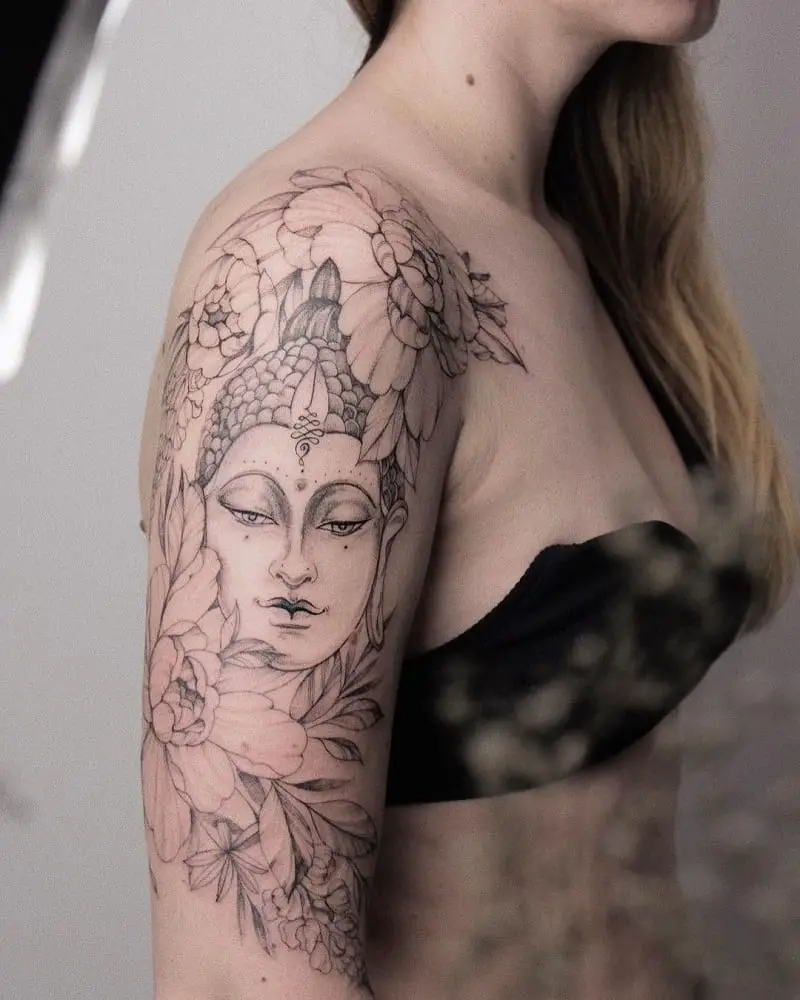 Flower Design With Buddha Symbol Over Arm