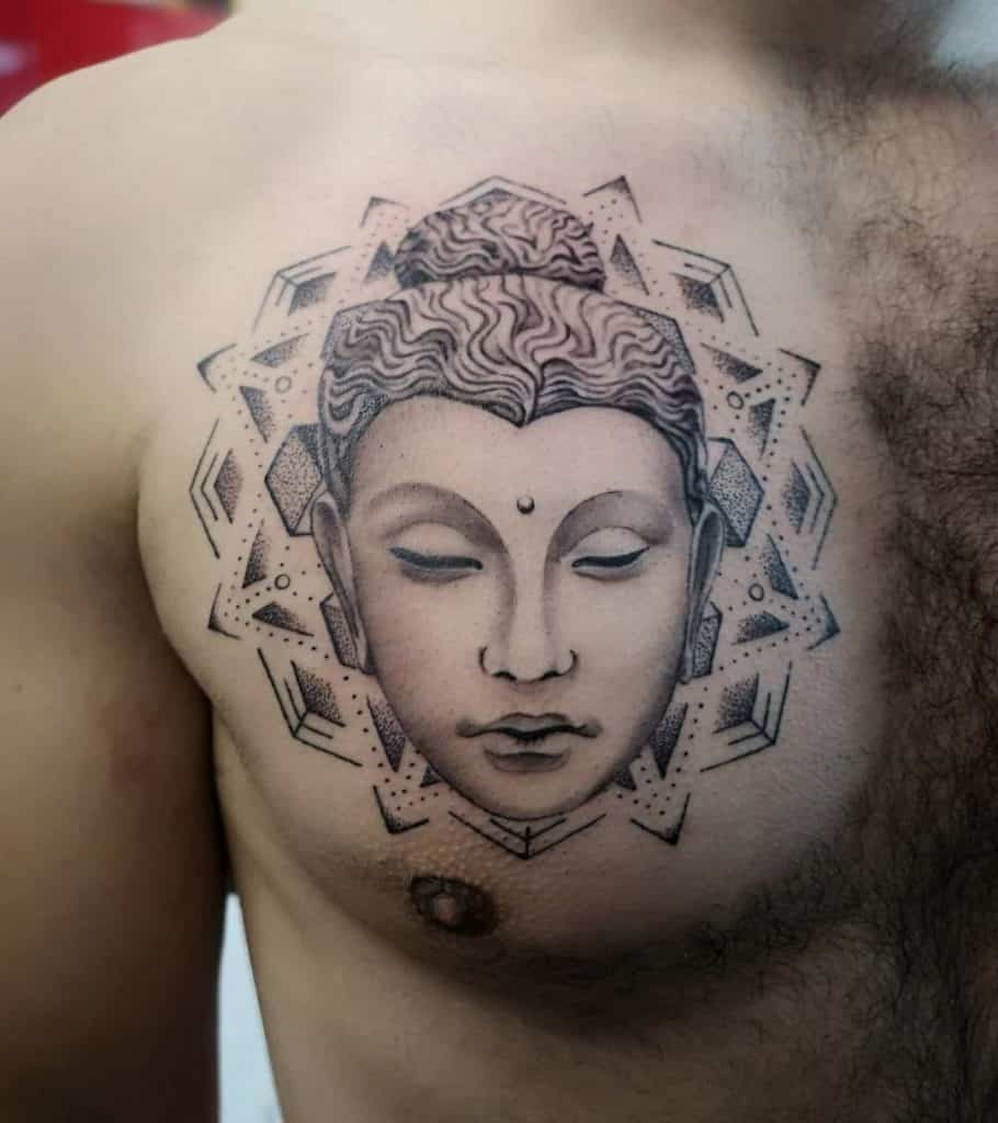One Headed Piece Buddha Tattoo Over Chest