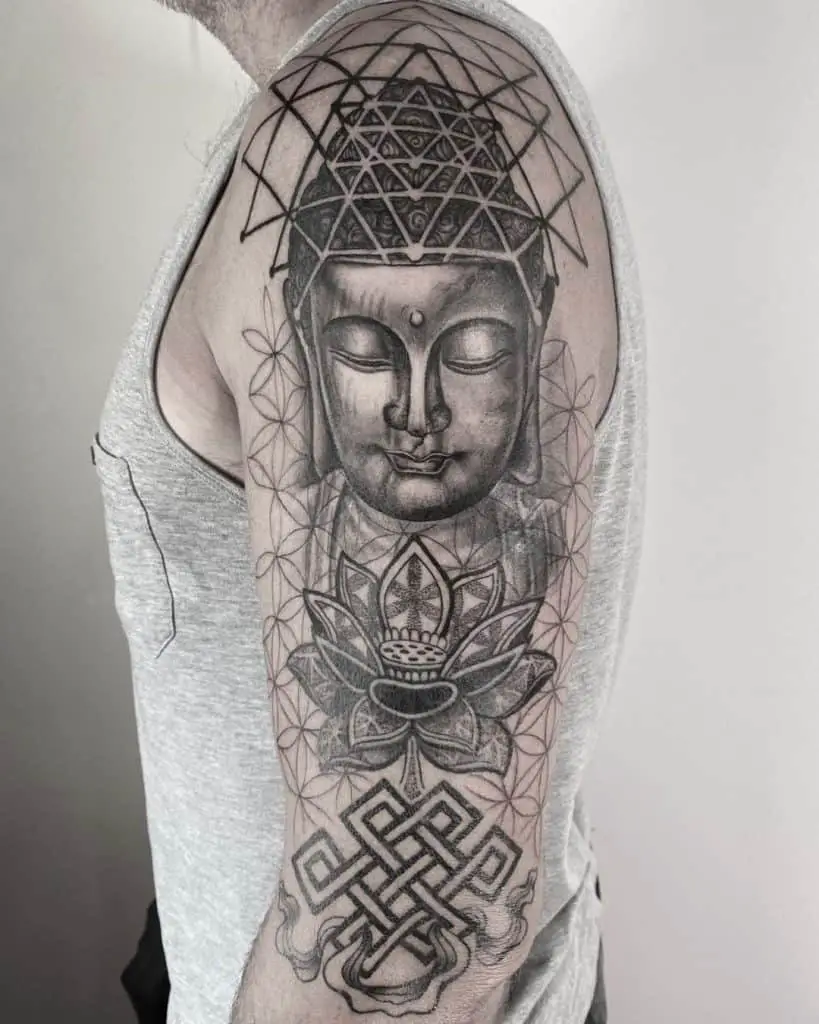 Shoulder Buddha Tattoo With Gorgeous And Asymmetrical Symbols