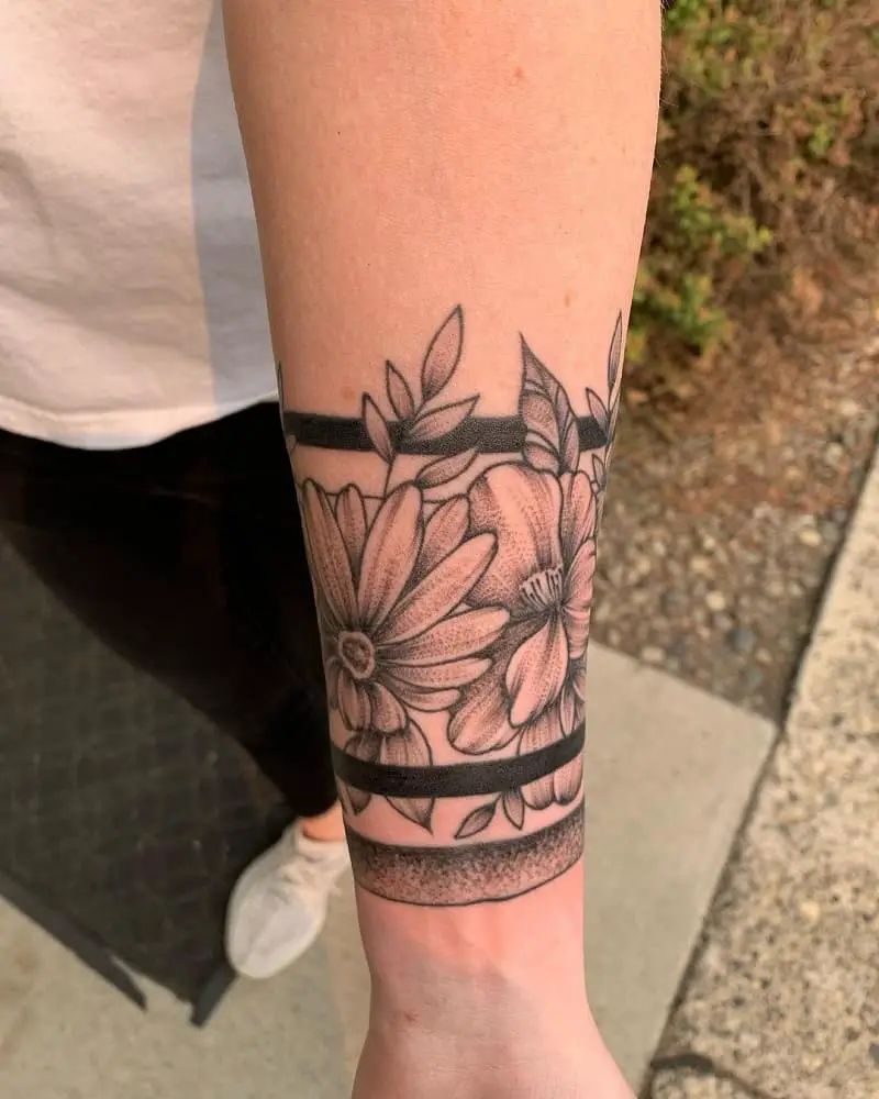 Black Armband Tattoo With Flowers