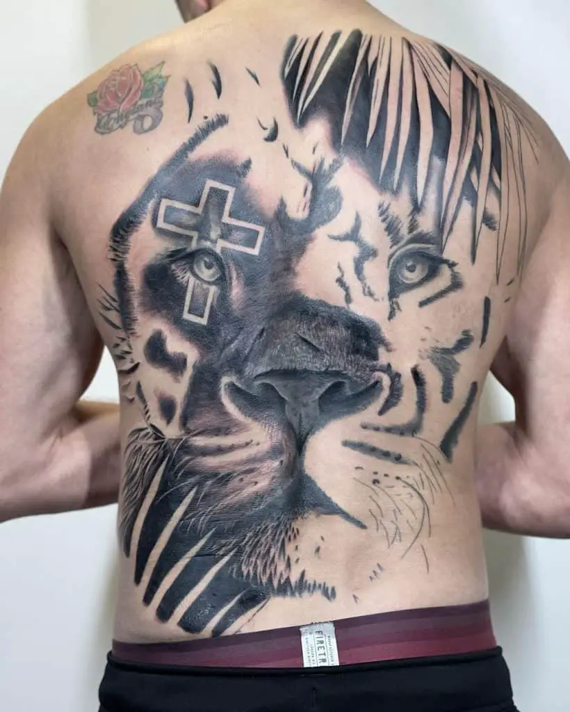 Lion Tattoo Back lion under palms