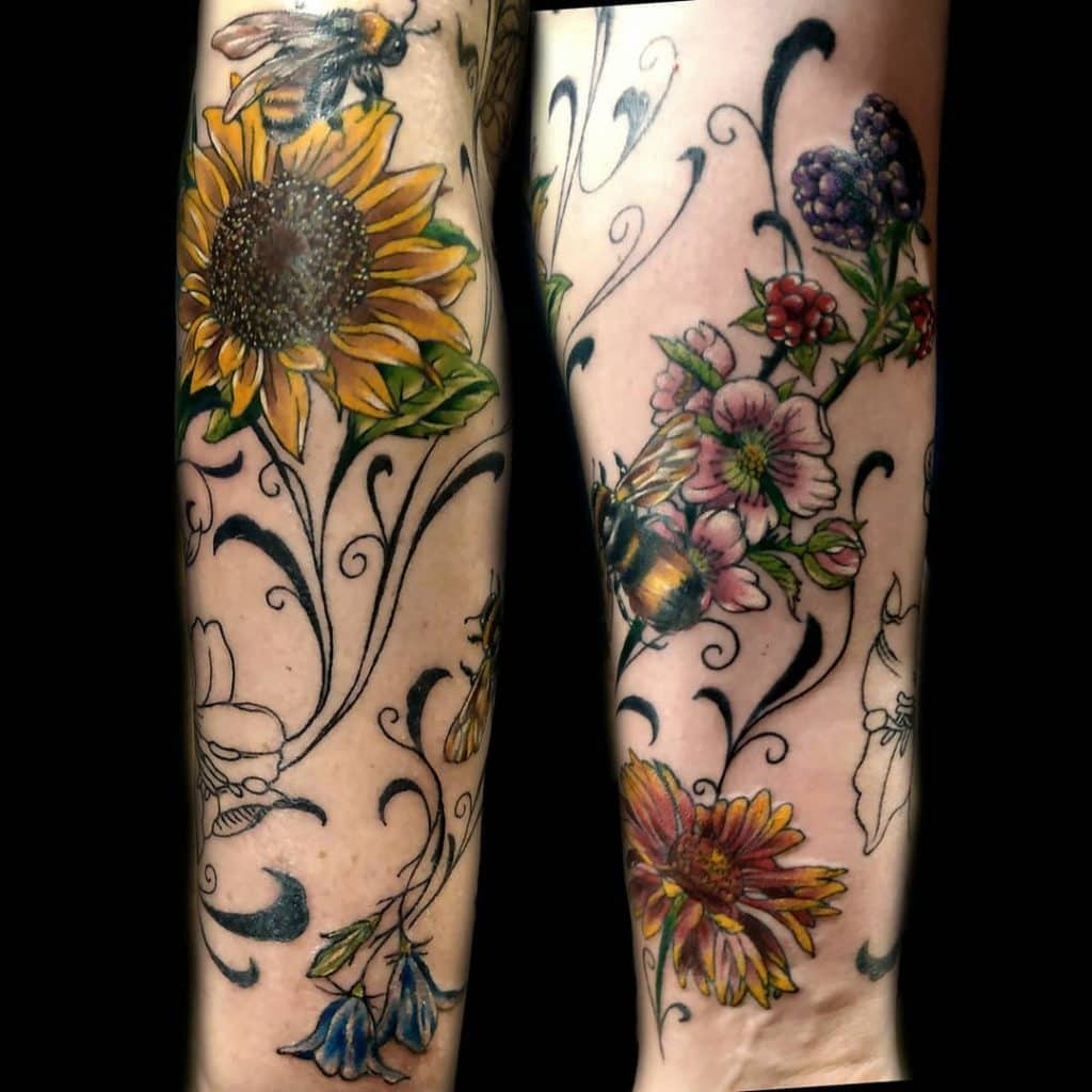 Bees and flowers tattoo 2