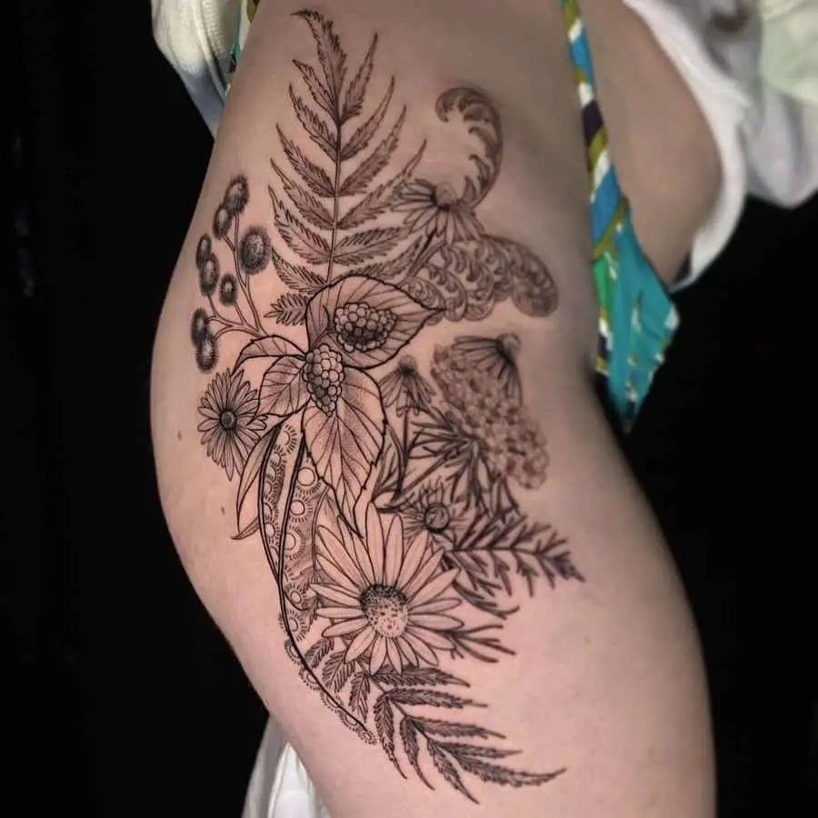 Black Ink Floral Hip Tattoo Designs