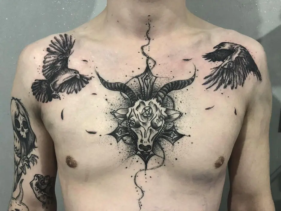 Black Ink Satanic Chest Tattoo