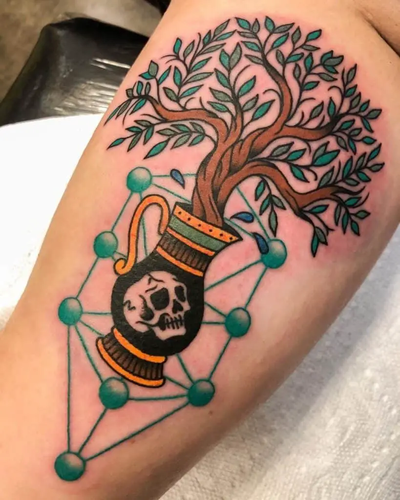 Bright Green Death Inspired Tree Of Life Tattoo 