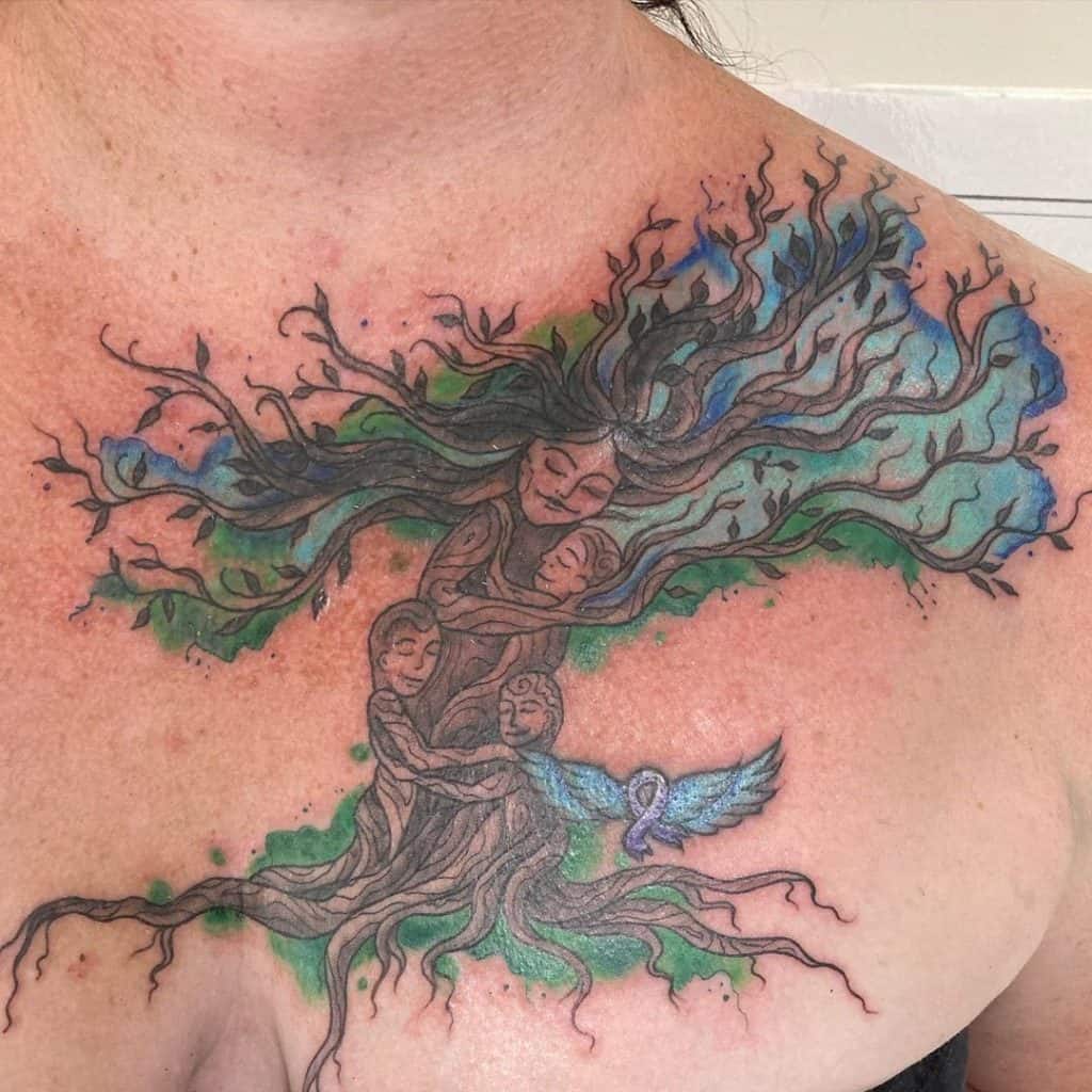Chest Tree Of Life Tattoo Bright Blue Ink 