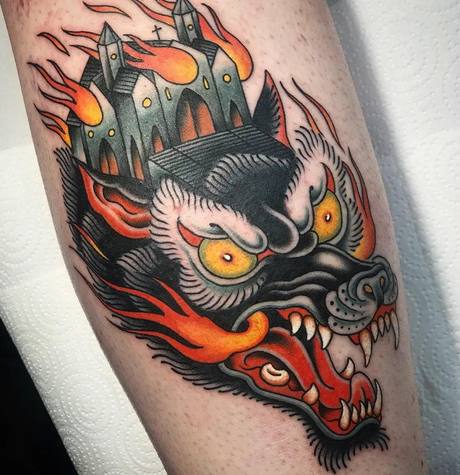 Colorful Satanic Wolf Tattoo