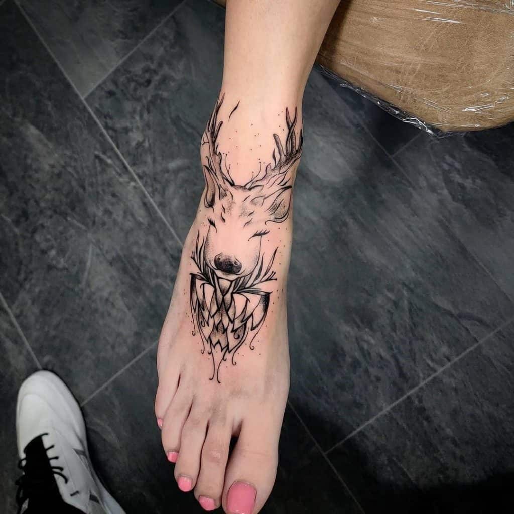 Deer Head Tattoo On The Foot