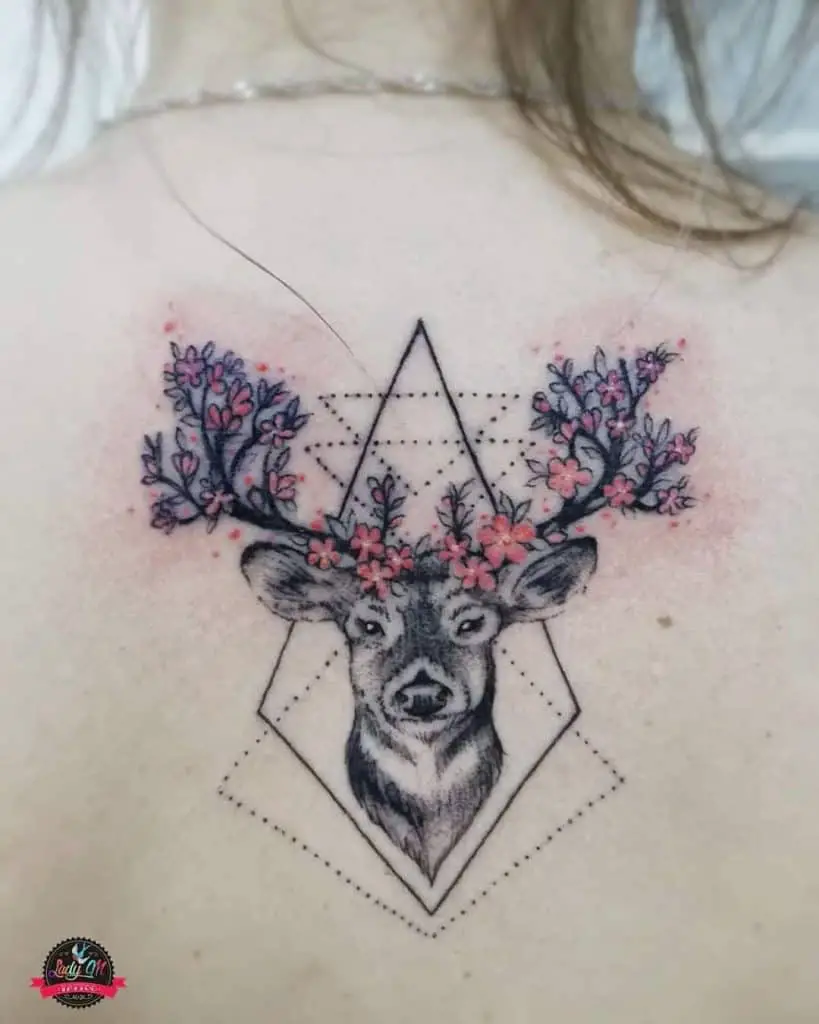 Deer Head and Flowers Tattoo