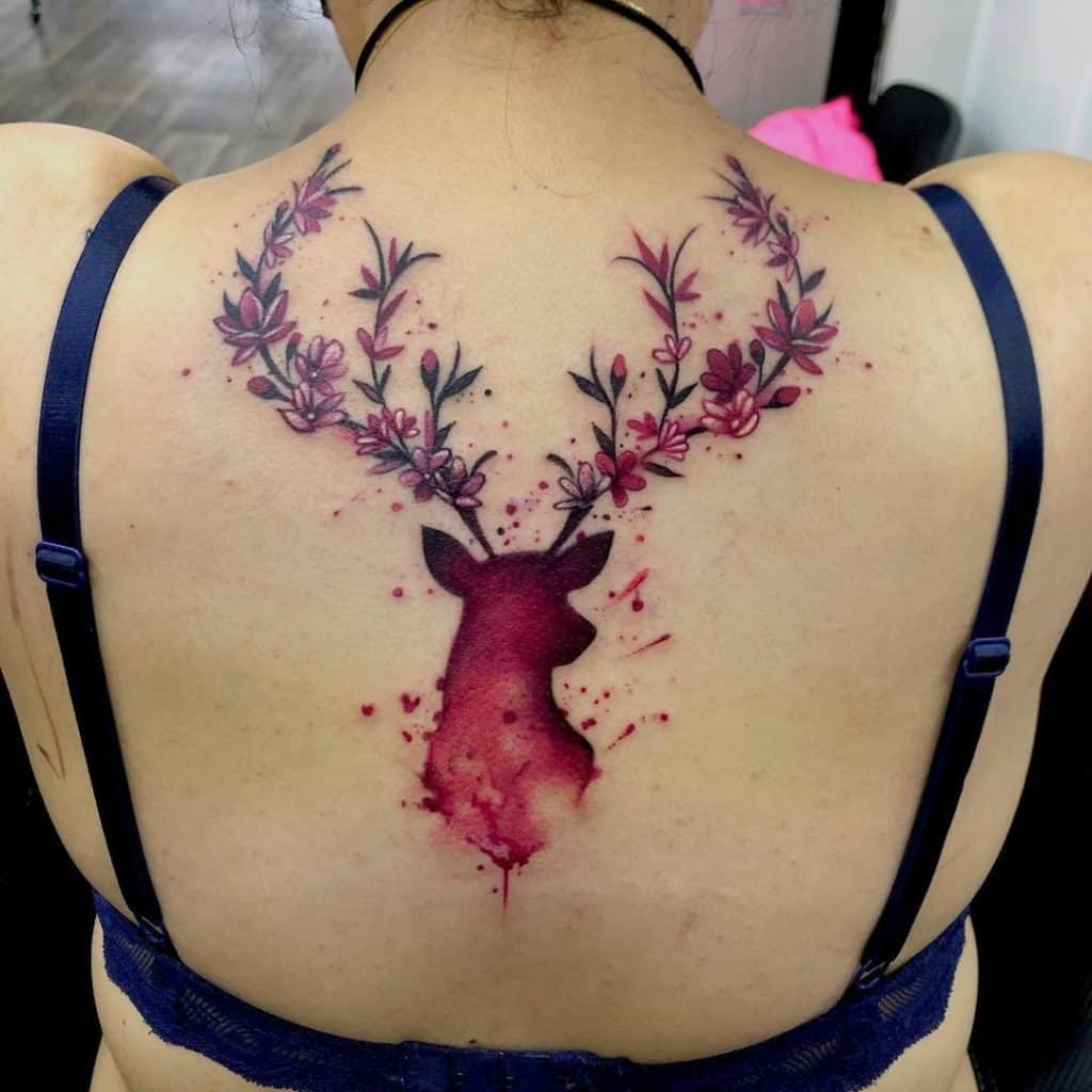 Deer Head and Red Flowers Tattoos