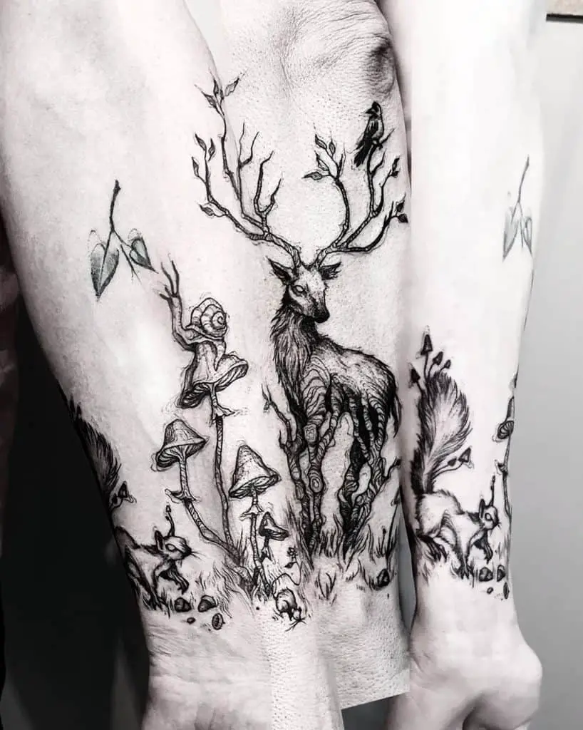 Deer and mushroom tattoos
