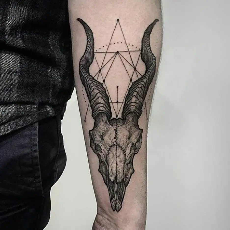 Detailed & Geometric Satanic Tattoo Over Forearm