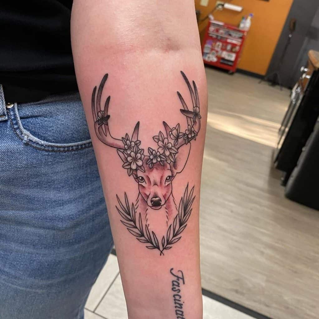Flower Deer Crown Tattoo and leaves