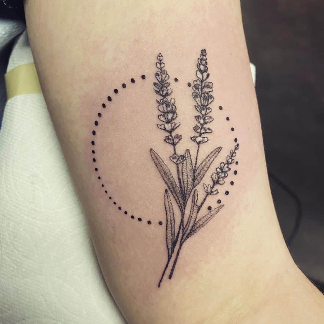 Lavender tattoo in fine lines and dots