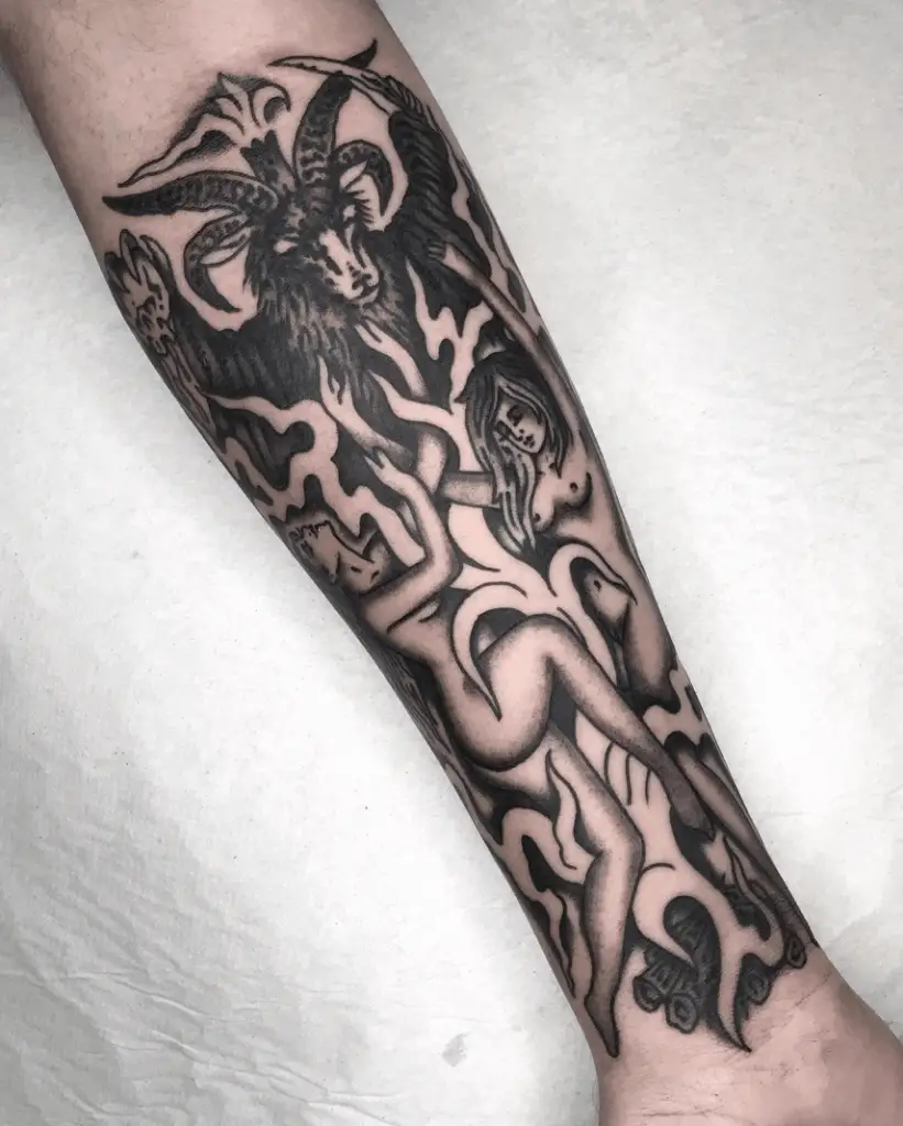 Unique Black Satanic Tattoo Design Over Arm