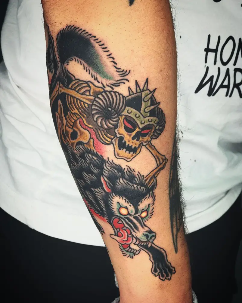 Wolf Inspired Satanic Tattoo Over Forearm