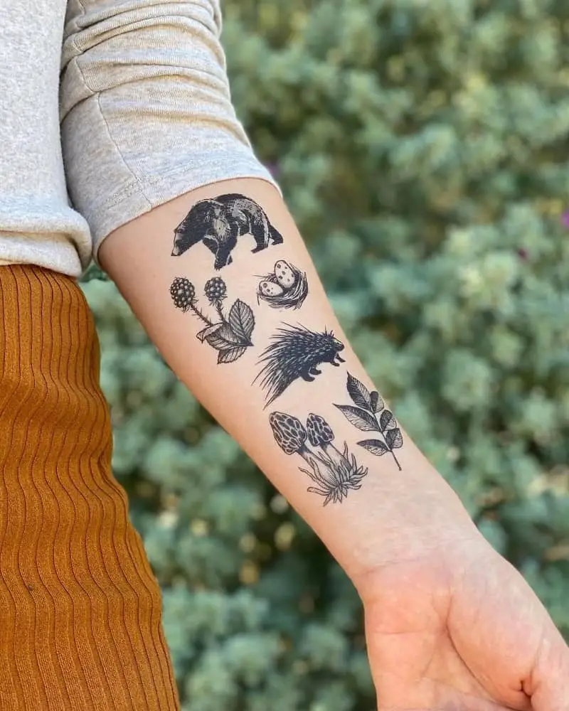 Woodland-inspired temporary tattoo collection with a few flora, fauna, and fungi