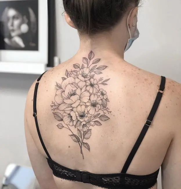 grey Flower Upper Back Tattoo