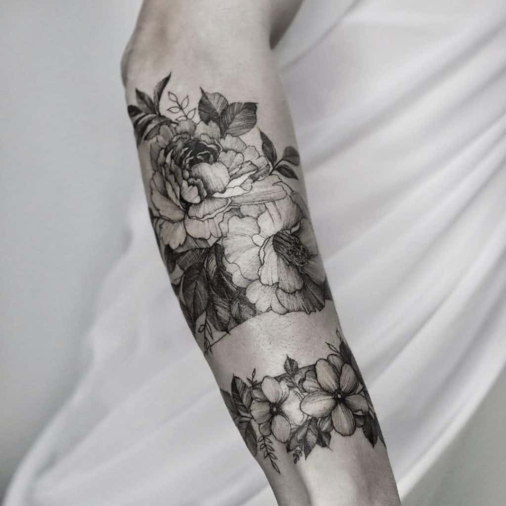 Black and Gray Flower Sleeve Tattoo 1