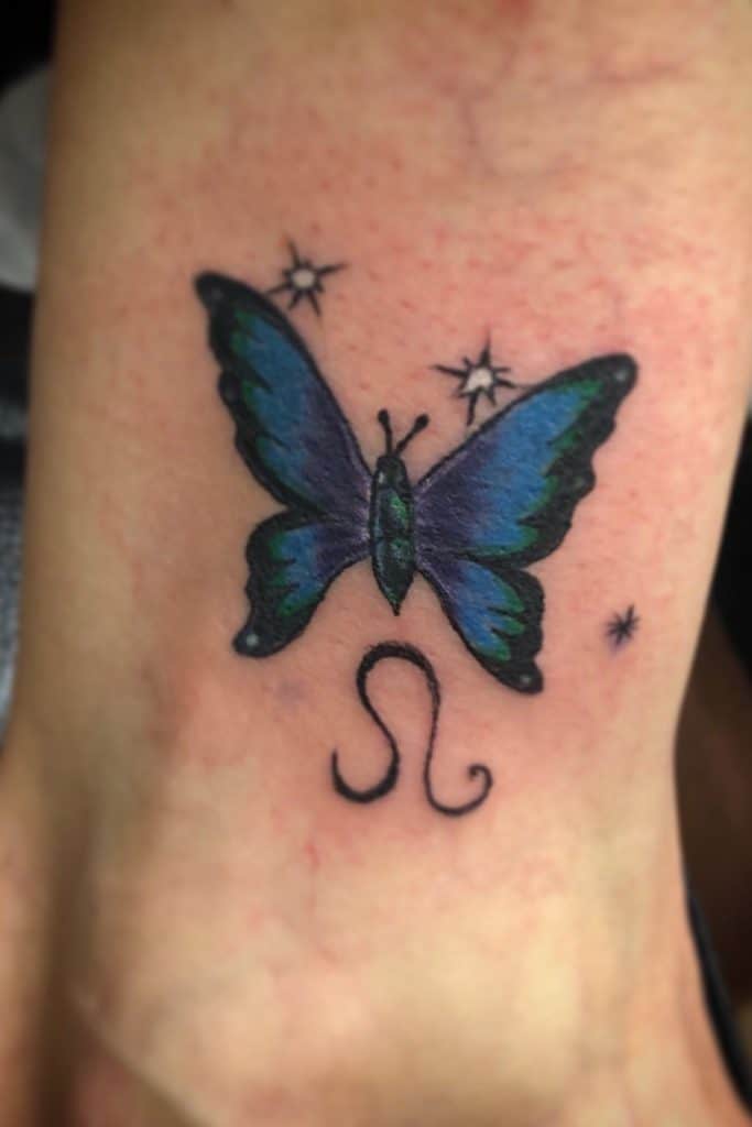 Blue Ankle Butterfly Tattoo 