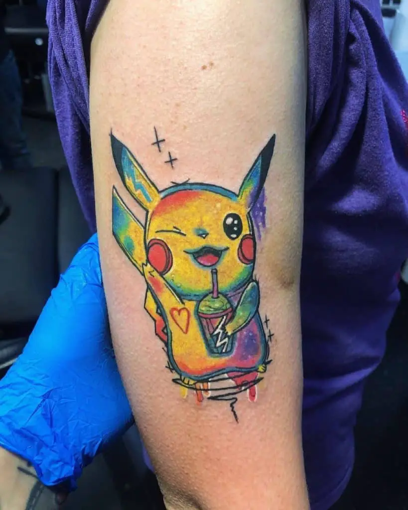 Bright & Colorful Pikachu Tattoo on Shoulder