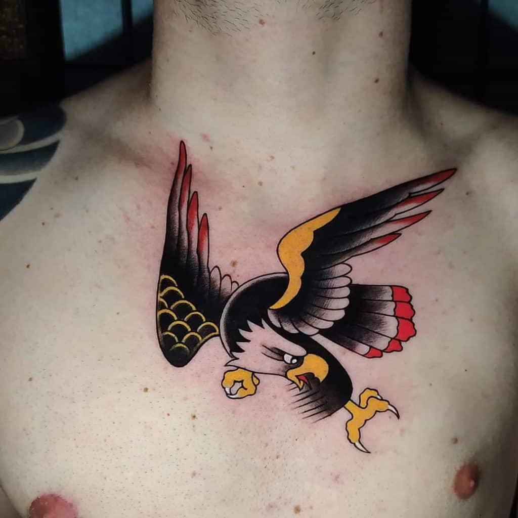 Chest Eagle Tattoo Black, Red & Yellow Idea 