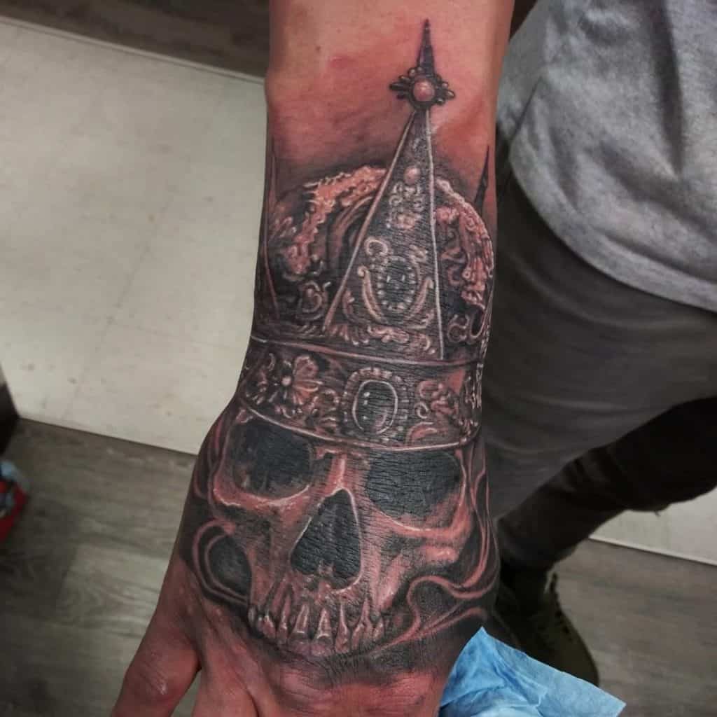 Crown and Skull Tattoo on Hand