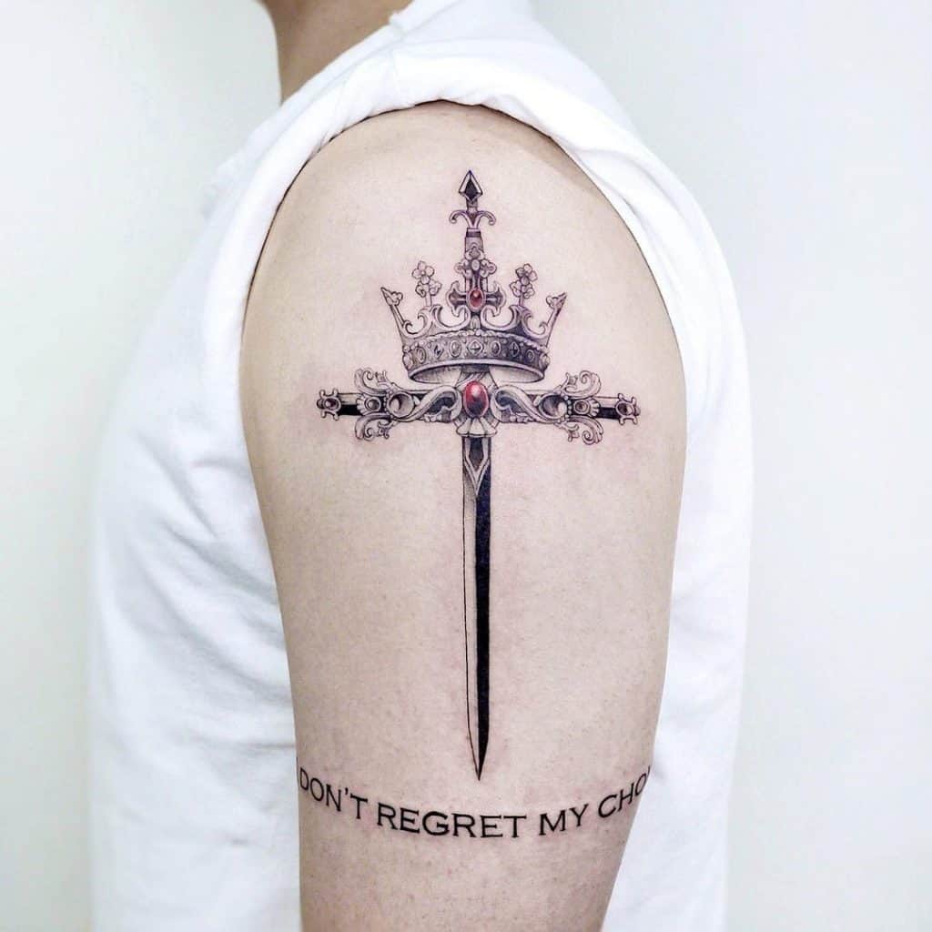 Crown and Sword Tattoo On Shoulder