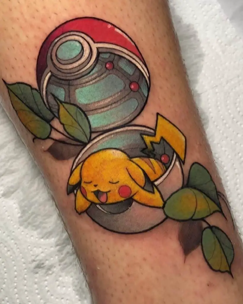 Funny & Artsy Pikachu Tattoo With Pokeball 