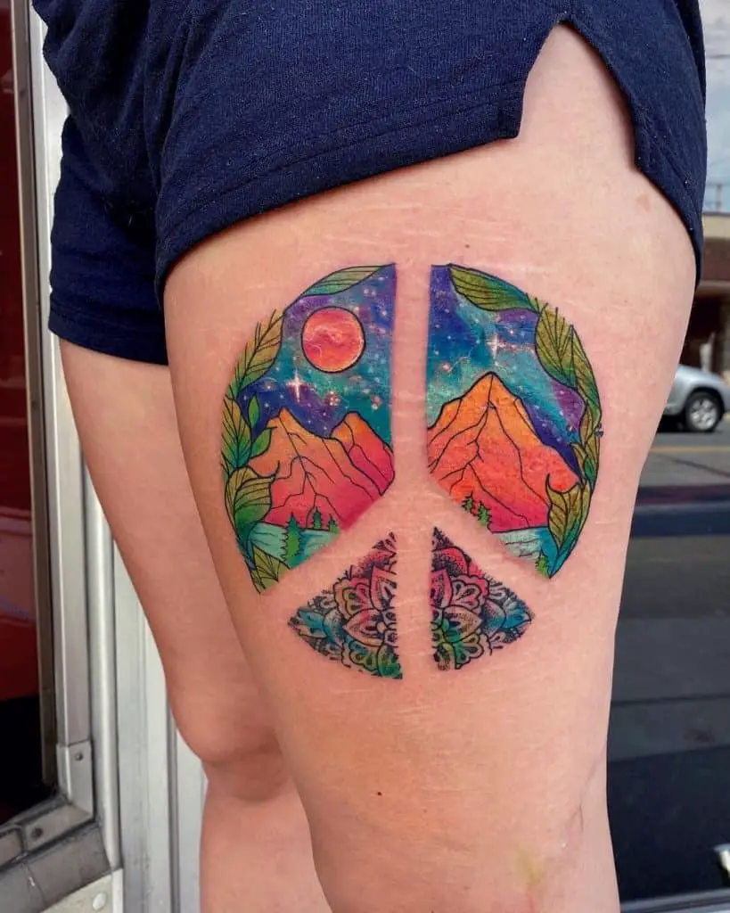 Large Thigh Tattoo For Peace 