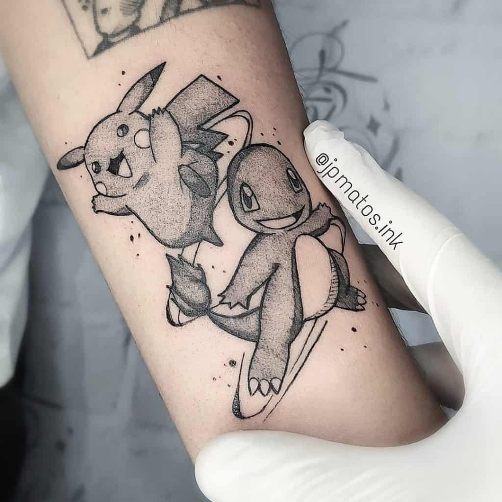 Pikachu & Charmander Black White Tattoo 