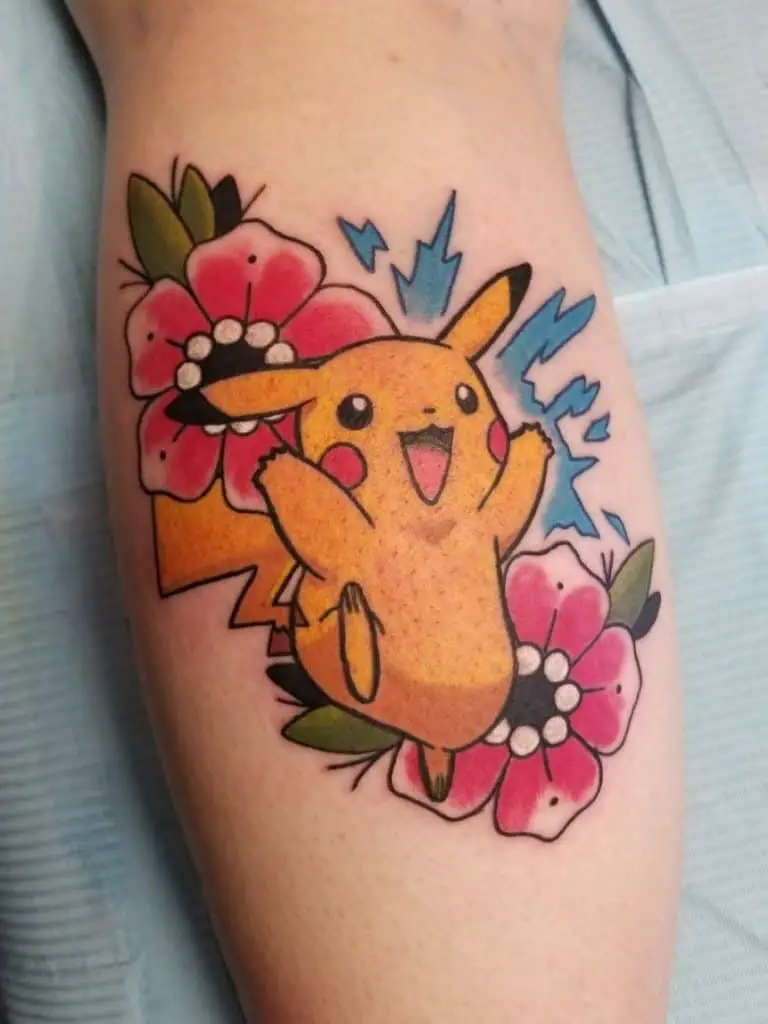 Pokemon Tattoo Pikachu Print With Flowers