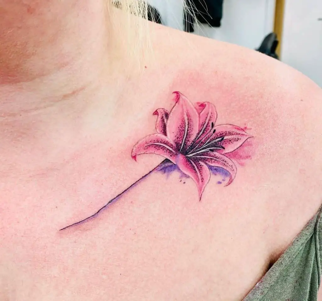 Collarbone Pink Lily Tattoo 