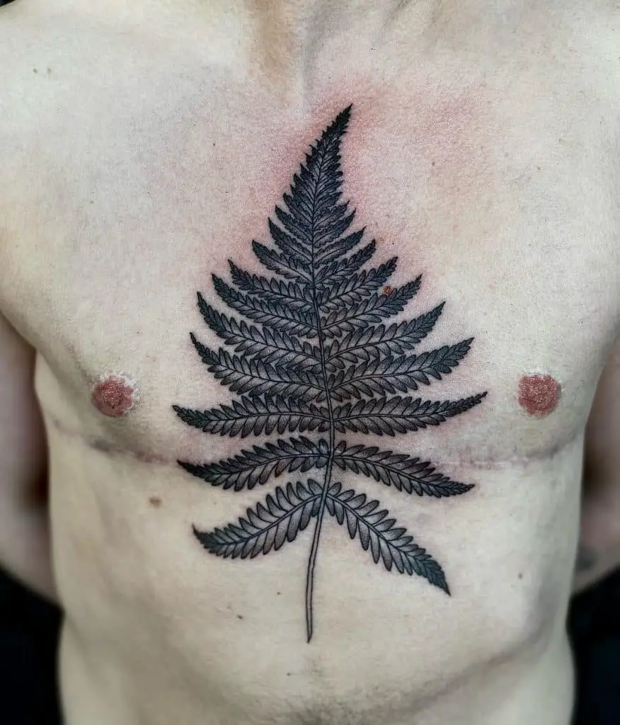 Giant Fern Tattoo Over Chest Black Ink 