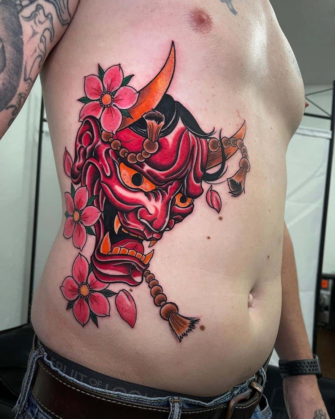 Giant Red Geisha Oni Mask Tattoo 