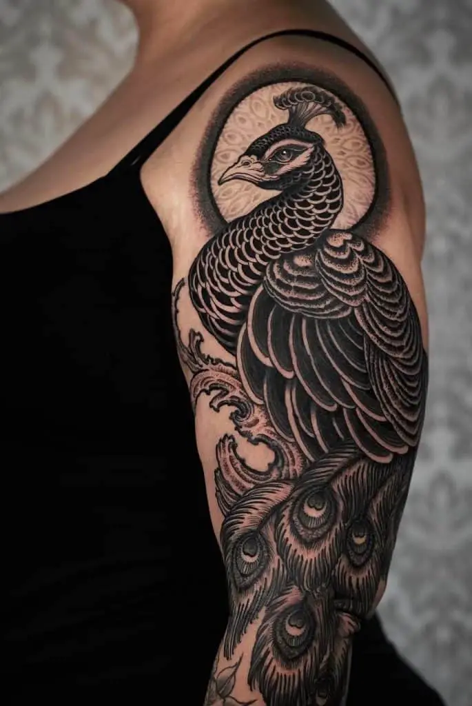 Peacock Tattoo Designs Over Shoulder Black Print