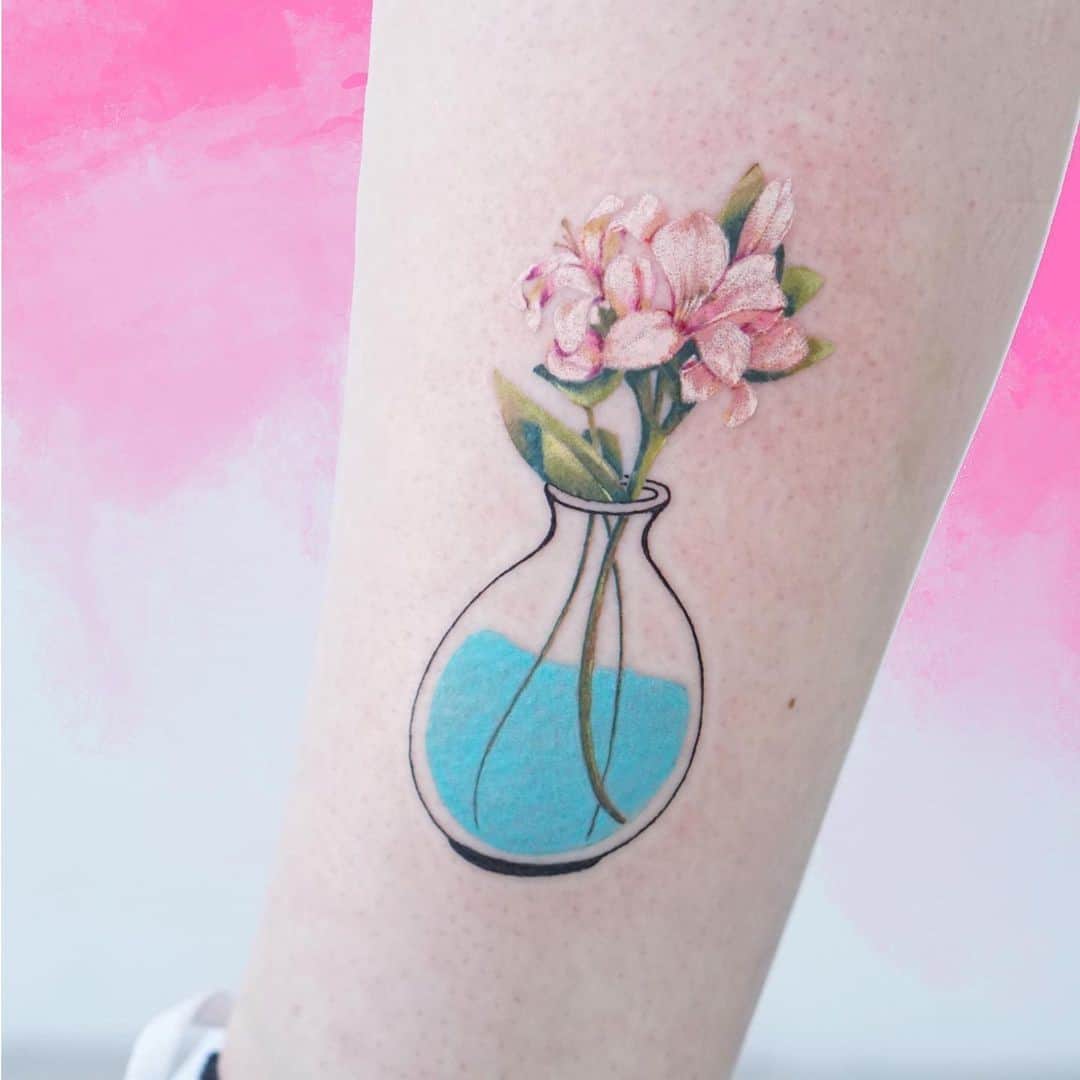 Pink Jasmine Flower Tattoo In Vase