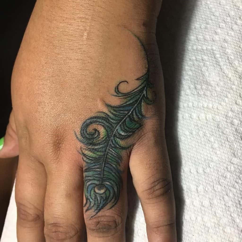 Small Finger Peacock Tattoo Feather 