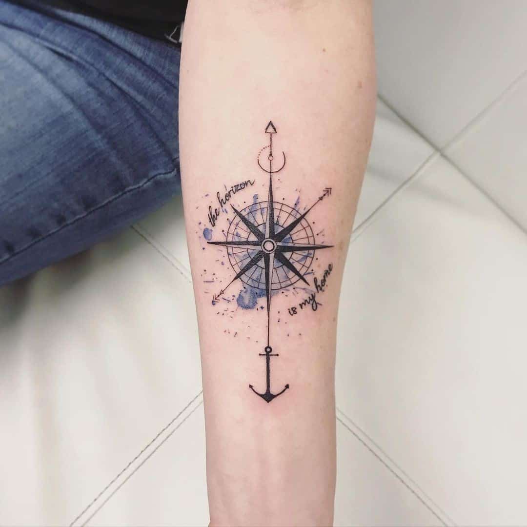 Blue Forearm Compass Tattoo Spiritual Print 