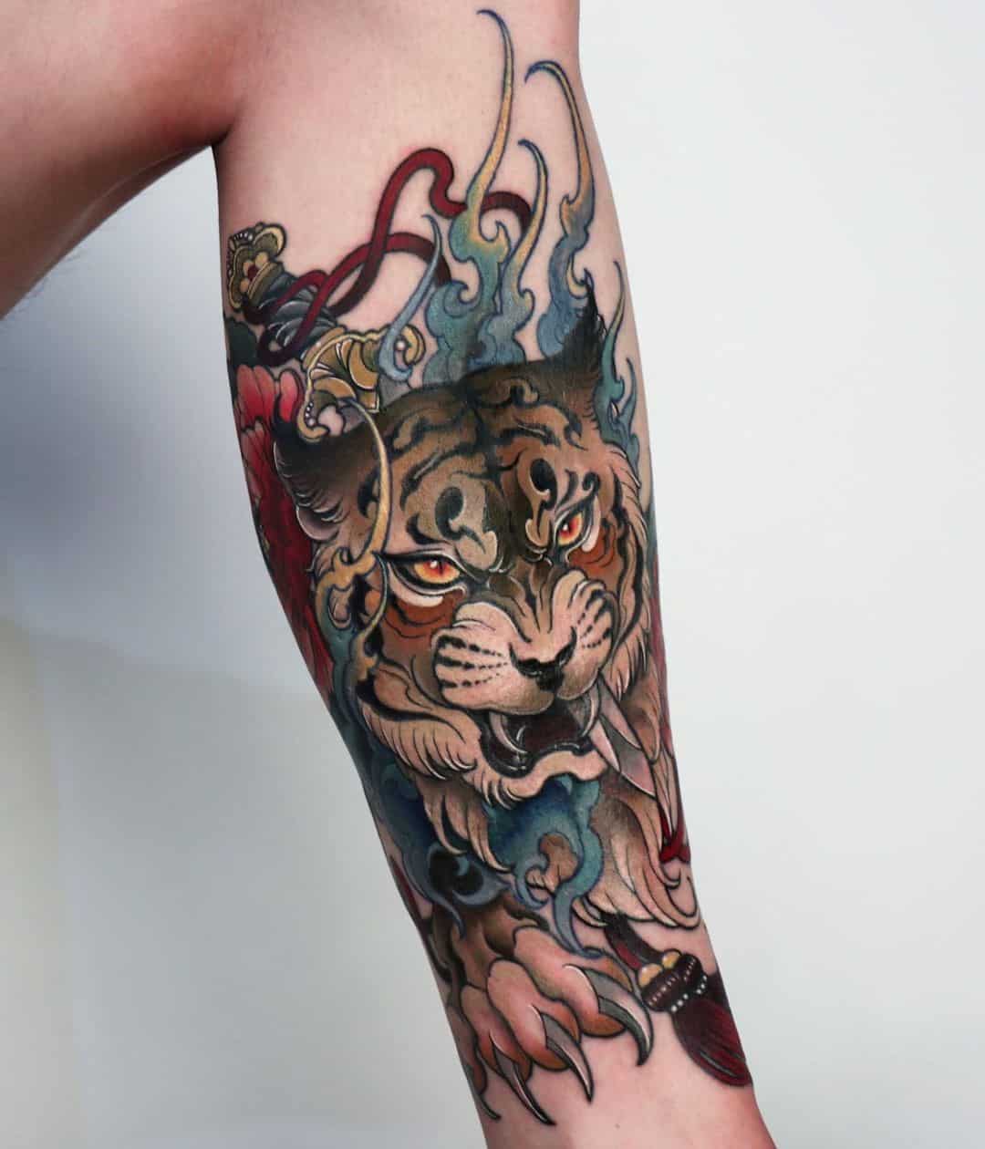 Calf Tattoo Ideas Colorful Tiger