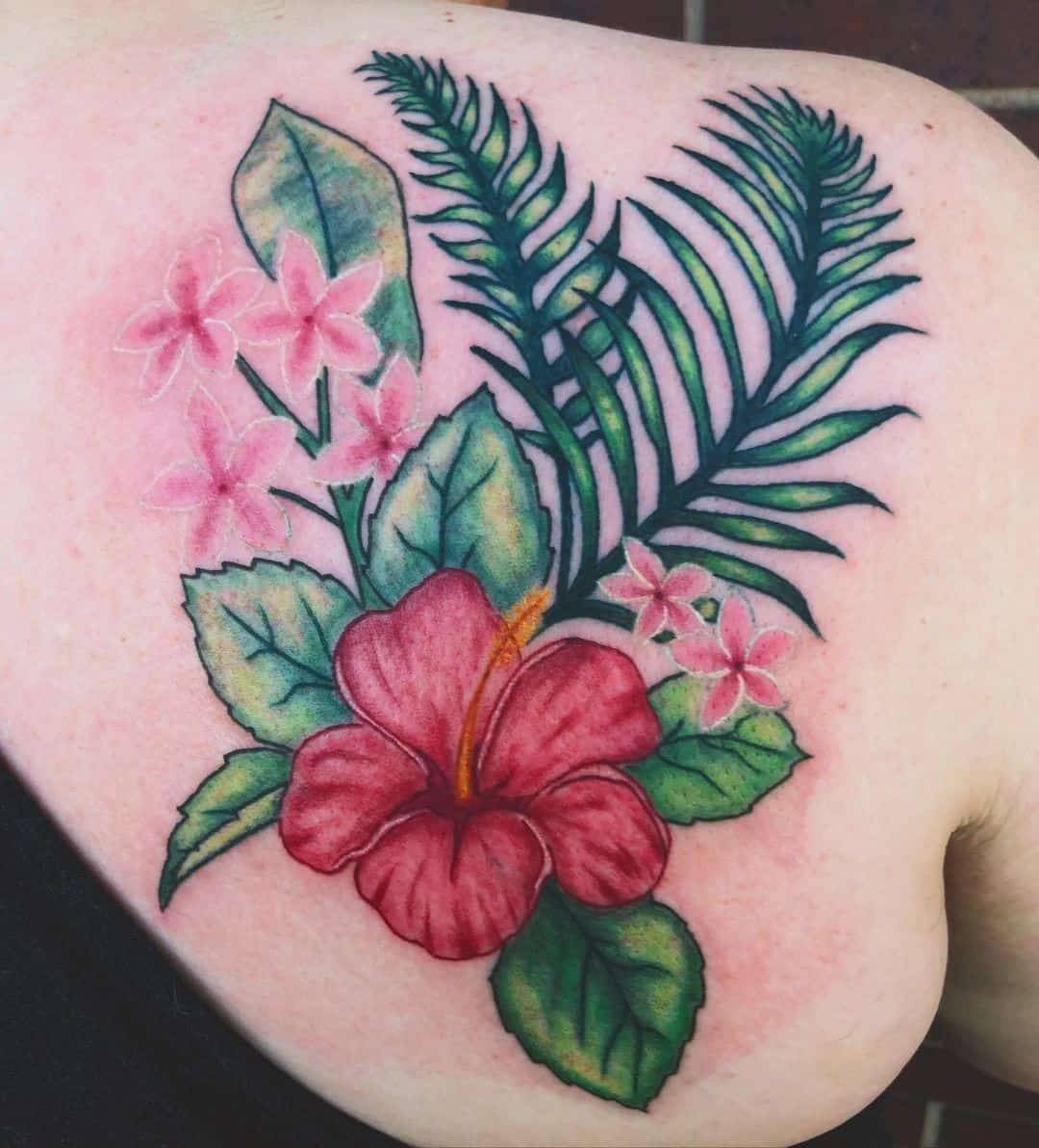Colorful Hibiscus Flower Tattoo On Back 