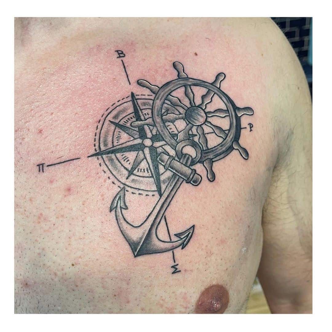 Compass & Anchor Tattoo Over Chest