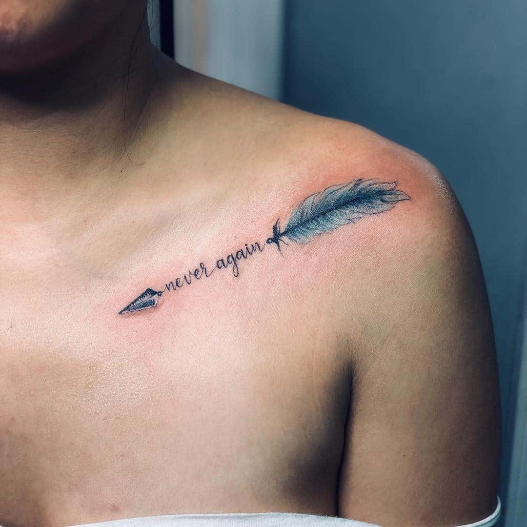 Feather Arrow Tattoo Over Chest