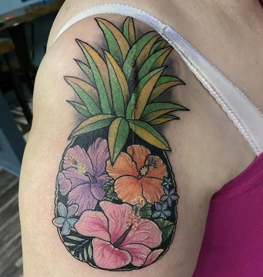 Funky Pineapple Inspired Hibiscus Flower Tattoo On Shoulder