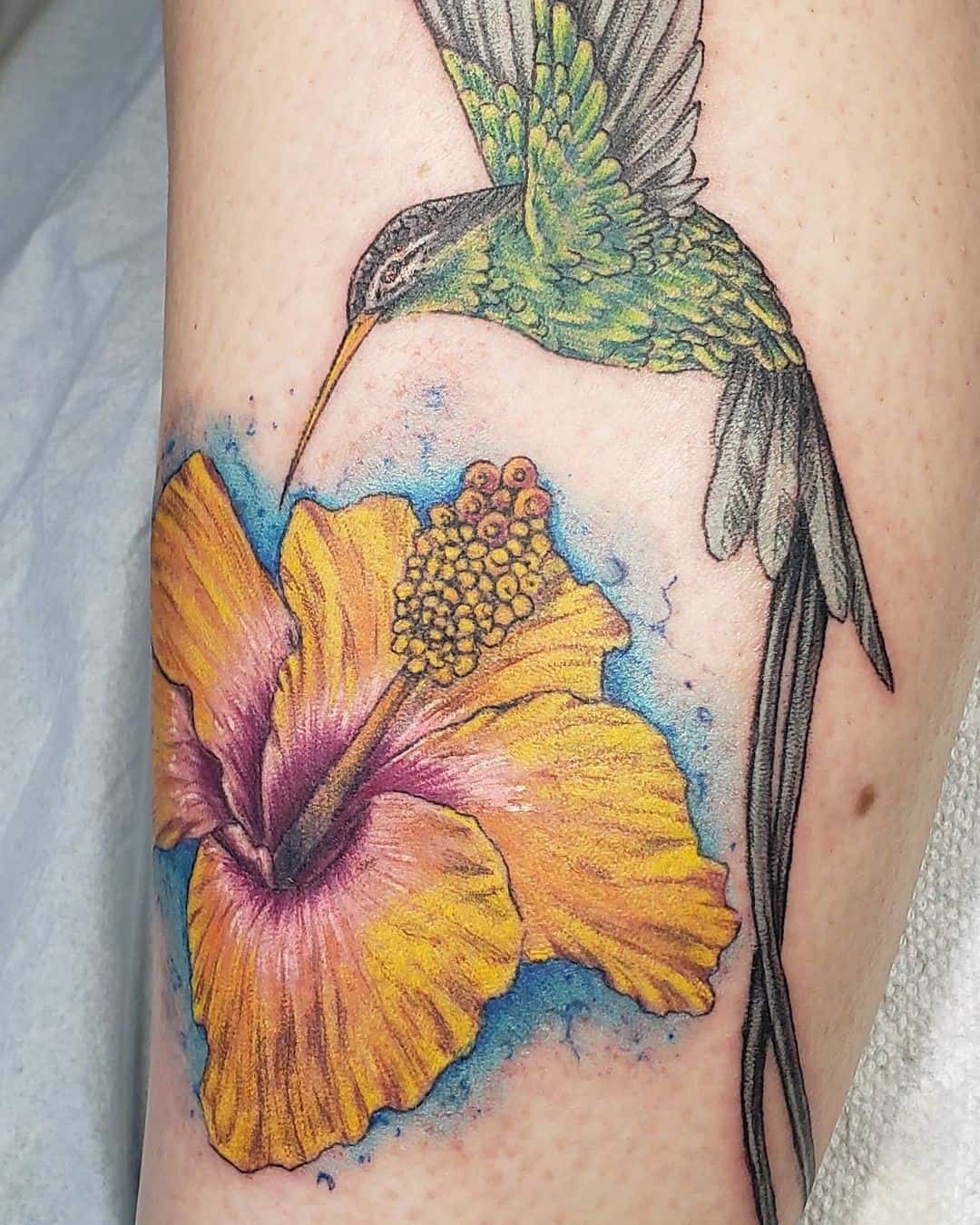 Hibiscus Flower Tattoo And Bird Duo