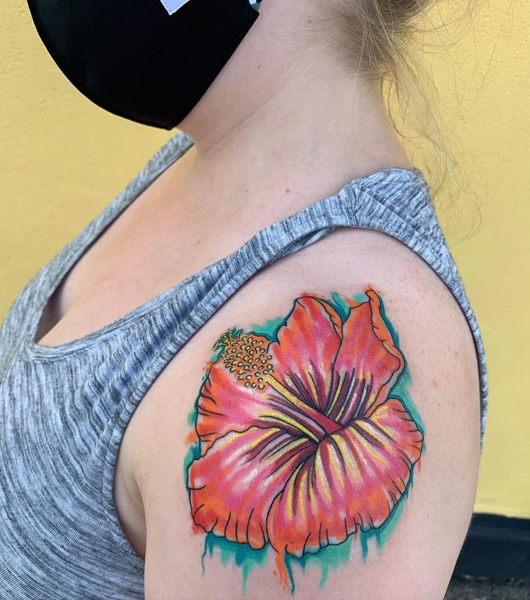Hibiscus Flower Tattoo On Shoulder For Women