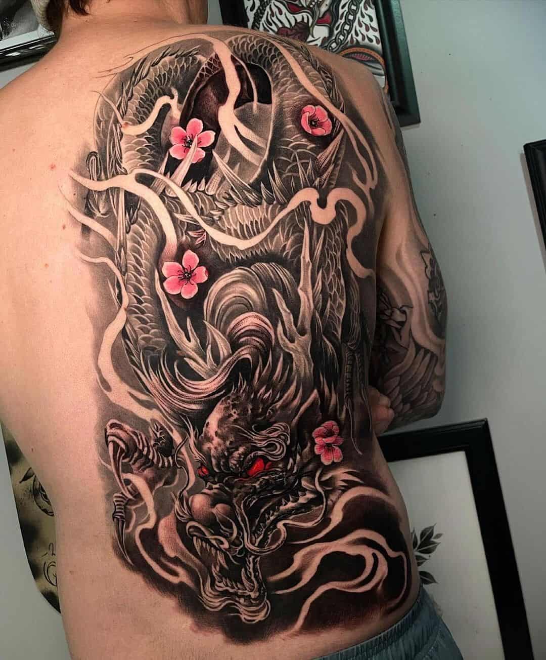 Japanese dragon and flower tattoo 1