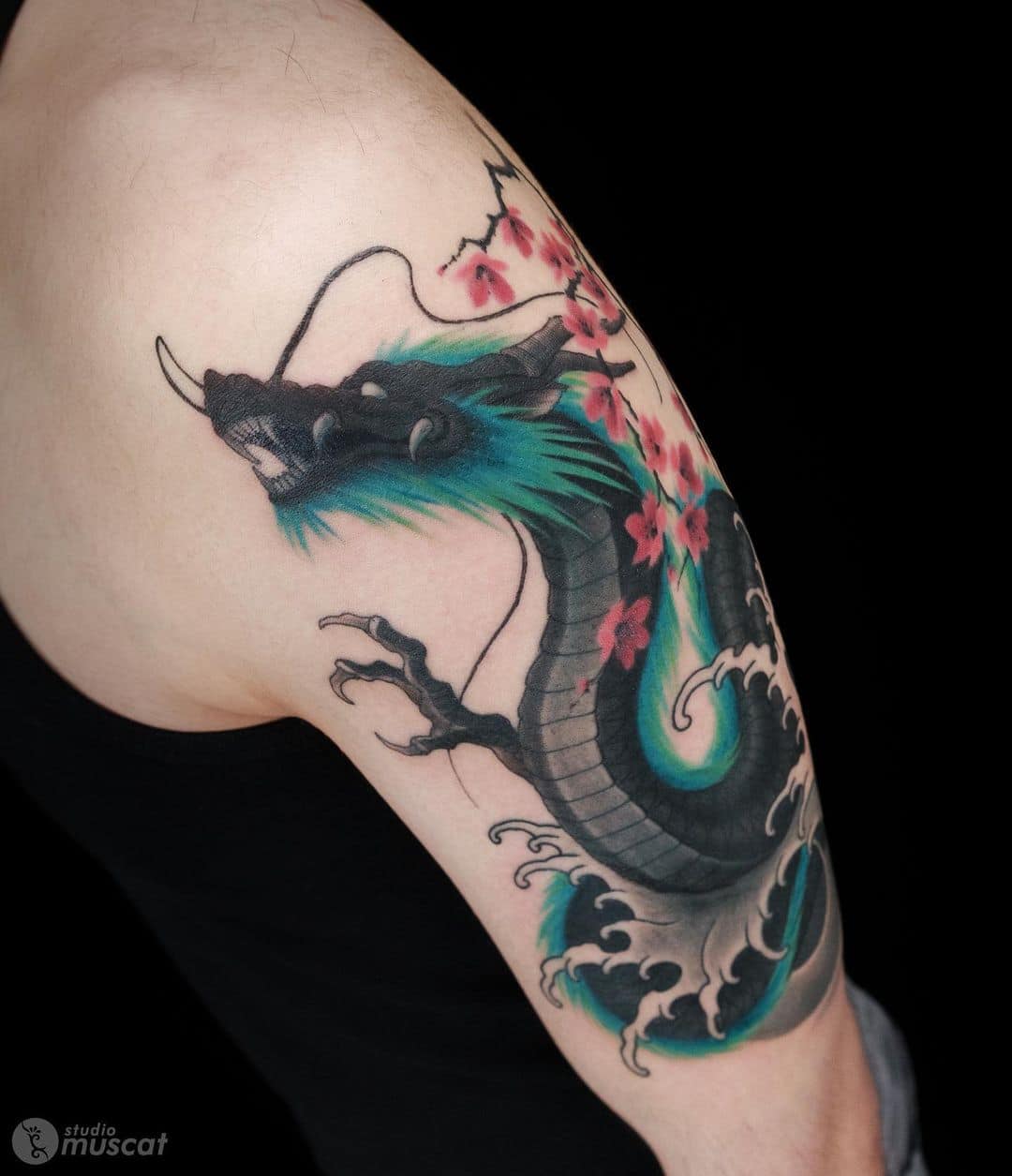 Japanese dragon and flower tattoo 2