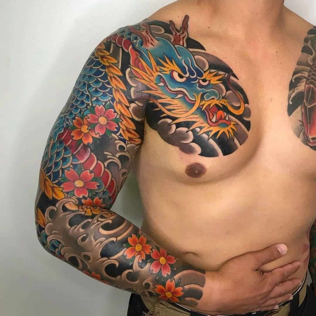Japanese dragon and flower tattoo 3